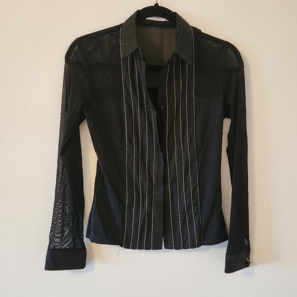 Anne Fontaine Rocca button up shirt, black with beaded trim, size 38 FR, 4-6 US